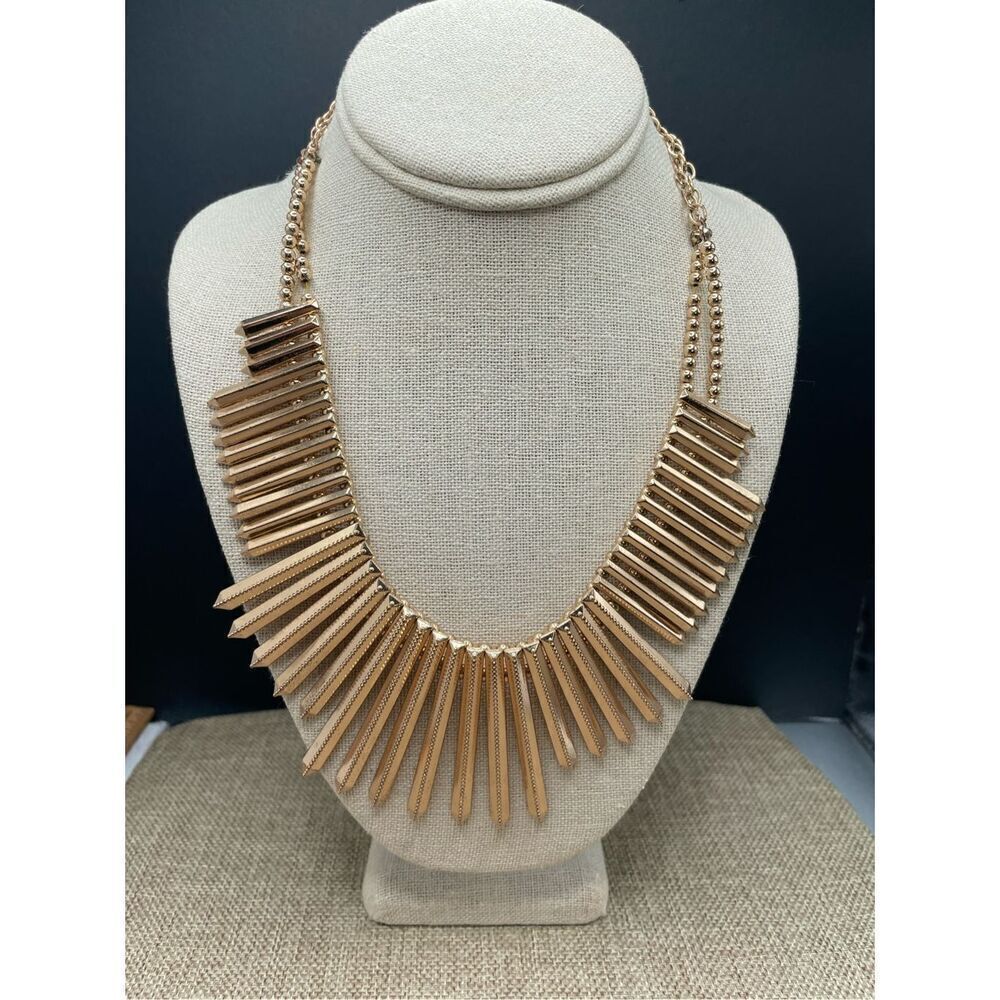 Modernist Gold Spike Geometric Bib Statement Runway Necklace Double Chain